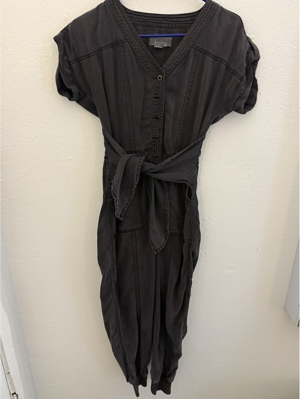 By Anthropologie Utility Jumpsuit Womens 0 Charcoal Tie Waist Short Sleeve